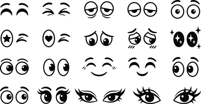 Twenty unique cartoon eye icon set with cute facial expressions, lashes, brows, playful emotions, and expressive kawaii eye elements for characters, stickers, and comics