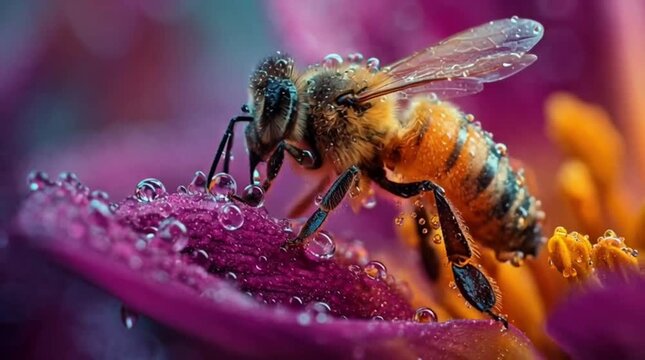 Macro photograph of a honey bee covered in dew drops on a vibrant purple and yellow flower petal, showcasing intricate details and natural beauty