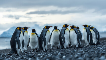 Obraz premium King penguin penguin shoreline pebble beach colony Antarctic cold overcast sky