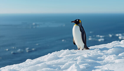 Fototapeta premium Emperor penguin standing on snowy ridge overlooking ocean, serene cold landscape