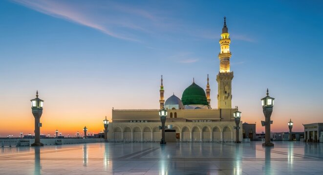 The prophet's mosque in medina saudi arabia at sunset illustration