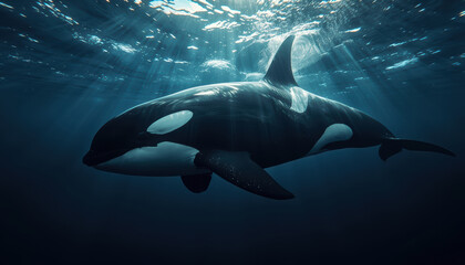 Naklejka premium Majestic orca swimming beneath sunlit ocean surface with calm mood
