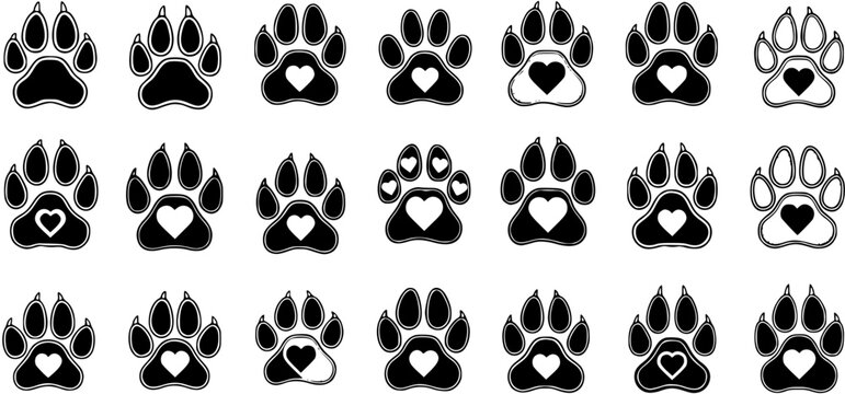 Black and white vector paw prints set with heart shapes, perfect for pet love, loyalty, animal rescue, and veterinary design themes.