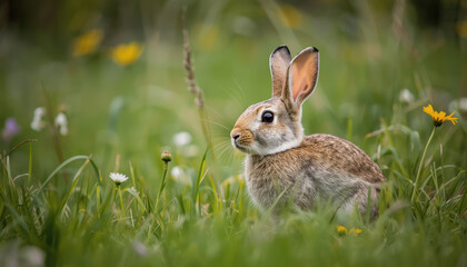Obraz premium Young wild rabbit in meadow with soft light and wildflower backdrop