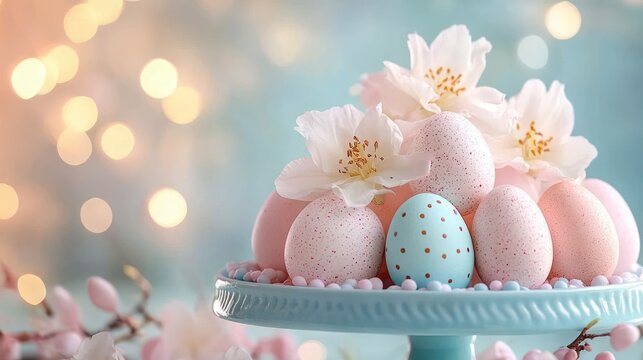 Pastel speckled eggs on a blue cake stand with white spring blossoms and warm bokeh lights, evoking a gentle romantic springtime celebration