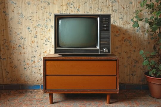 nostalgic scene of a vintage cathode ray television on a mid-century wooden dresser against faded floral wallpaper with a potted plant nearby