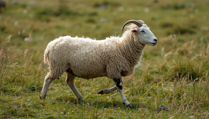 Fototapeta premium Sheep meadow wool horned sheep walking in grass