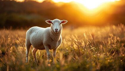 Obraz premium Sheep meadow sunset calm pastoral scene golden light