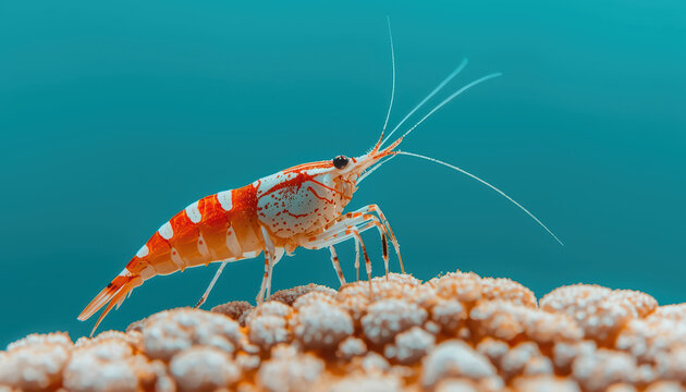 Colorful shrimp perched on coral with turquoise water and delicate antennae