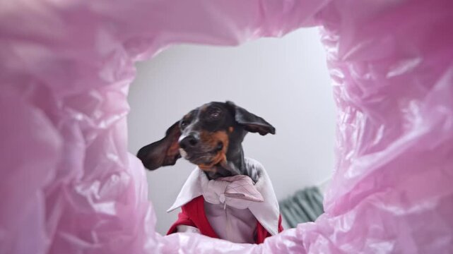 A black and tan dachshund in a red and white outfit looks down through the opening of a trash can, creating a playful portrait of a curious pet.