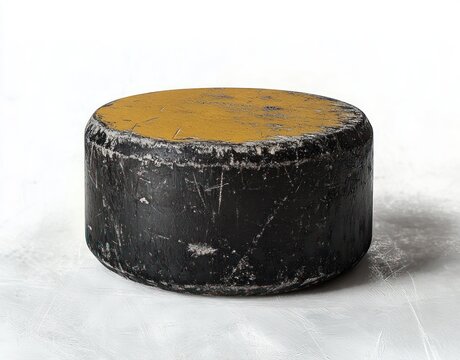 Worn black hockey puck with scuffed yellow top resting on a textured white surface, isolated and evoking a rugged, nostalgic, well-used feeling