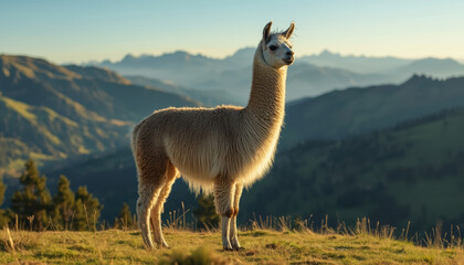 Fototapeta premium Tall llama standing mountain hillside golden hour with rolling green valley and distant peaks
