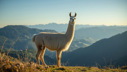Fototapeta premium Alpaca standing on grassy mountain ridge at golden hour with distant blue peaks
