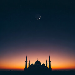 Silhouette of a mosque against a twilight sky with a crescent moon © Hridoy