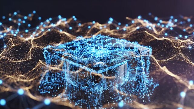 A stylized graduation cap made of shimmering blue particles floats atop golden threads
