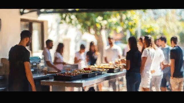Outdoor casual gathering around a long buffet with grills and trays of food as people chat and dine under leafy shade.