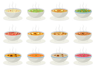 Various bowls of steaming hot soups, different flavors and ingredients. © Sky