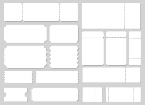Variety of blank tickets displayed in white against a gray background.
