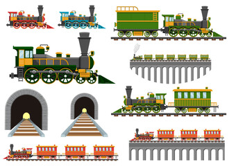 Set of vintage locomotive trains with passenger cars and tunnels artwork. © Sky