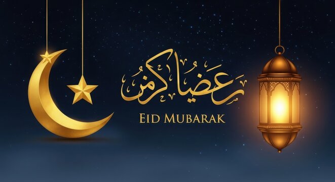 A gold crescent moon and star next to a lantern with eid mubarak text illustration