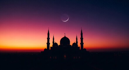 Silhouette of a mosque against a vibrant sunset sky with a crescent moon © Hridoy