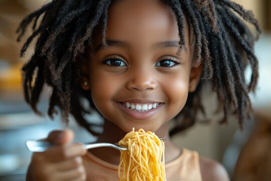 young diner with textured dreadlocks eagerly lifting a forkful of twirled spaghetti at a cozy indoor meal expressing anticipation and enjoyment