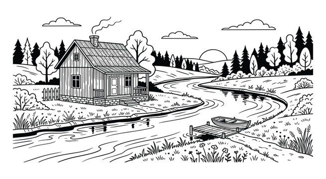 Rustic cabin by winding river with boat on wooden dock and sun setting over hills and forest