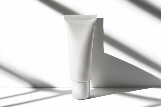 white skincare tube on white surface with strong diagonal window blind shadows minimalist calm studio composition