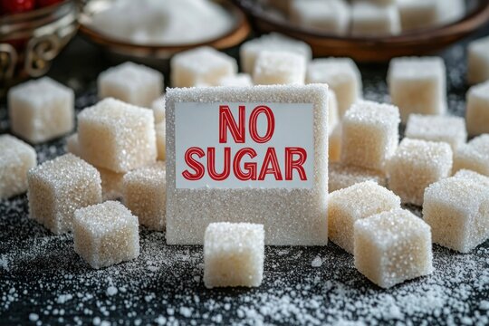 pile of sugar cubes with a small cube sign reading NO SUGAR amid scattered granulated sugar, creating an ironic warning and playful refusal