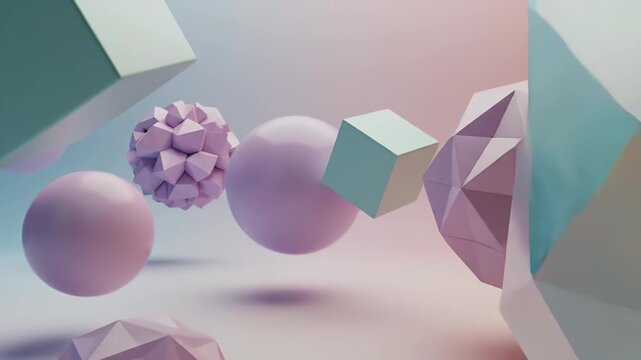 Abstract digital art with iridescent spheres, polyhedral shapes, and soft pastel colors