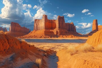 Fototapeta premium Sunlit red sandstone mesas and towering buttes in an arid desert with a winding sandy path, sparse grasses and dramatic clouds, evoking awe and solitude