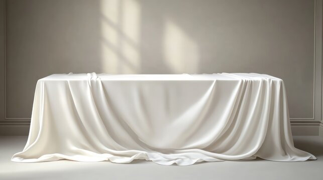 Calm minimalist scene of a rectangular table covered in flowing white draped linen, soft window light and shadows creating a serene, contemplative mood in a neutral interior