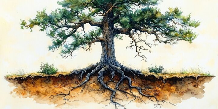Gnarled pine tree with sprawling exposed roots in a soil cross-section, green canopy and small grasses above ground, conveying resilience and quiet strength