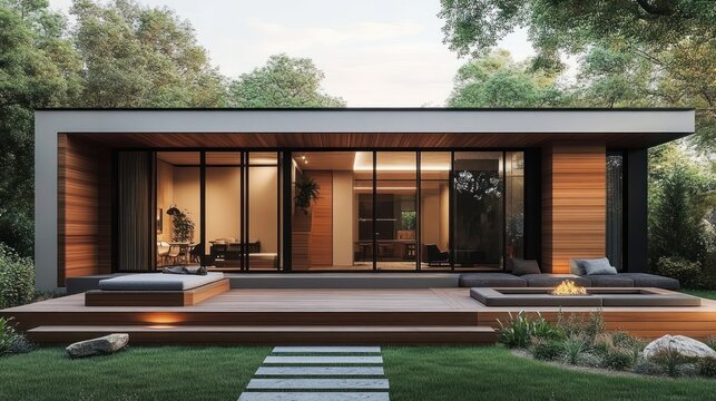 serene modern single-story home with floor-to-ceiling glass, warm interior glow, wooden cladding and spacious deck with cushioned built-in seating, fire pit and stepping-stone lawn path