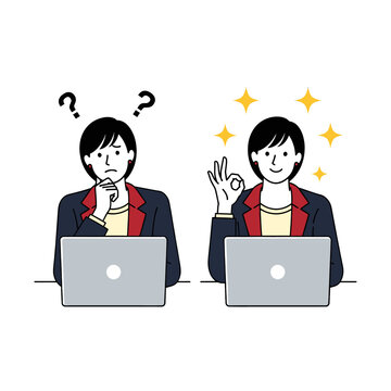 Woman at Laptop Confused Then Happy Illustration - Problem Solving Success and Positive Outcome Cartoon Graphic Design