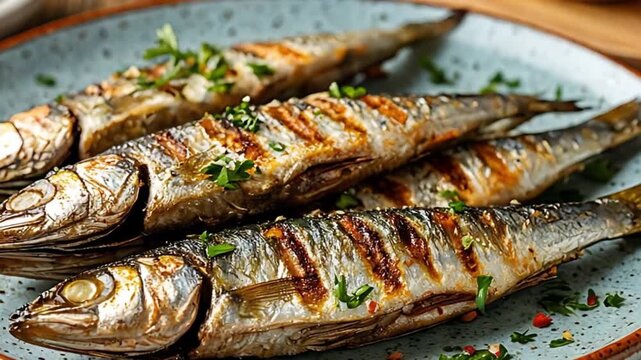 Grilled sardine served on rustic plate. Roasted Mediterranean fish with herbs. Traditional seafood dish prepared for dinner. Healthy cuisine concept in kitchen.