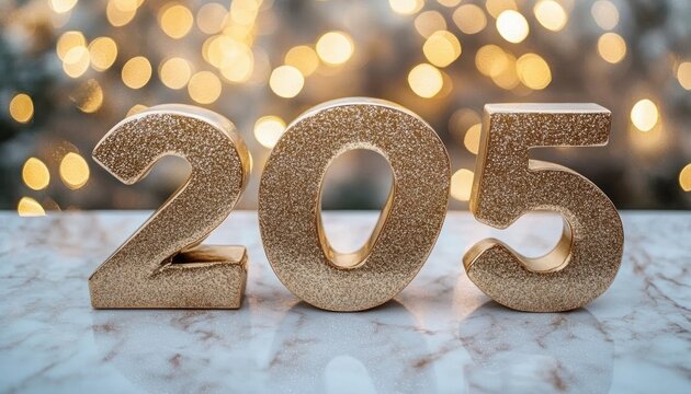 glittering gold digits two zero five stand on a marble surface with warm bokeh lights, festive mood