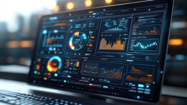 Widescreen monitor displaying multiple data dashboards with charts, graphs, gauges and map in a dark teal and orange user interface, evoking focused analytical intensity in a modern office