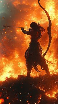 Silhouette of a defiant archer drawing a longbow on rocky ground amid towering flames and flying embers, intense resolute stance