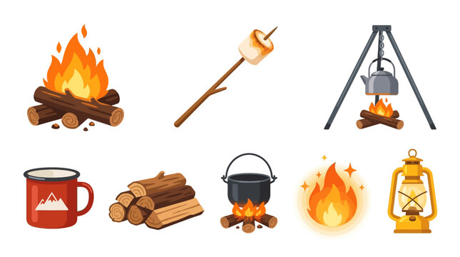 Vector illustration of camping scene with campfire, marshmallow toasting, tripod pot, lantern, logs, and coffee mug in the wilderness at night.