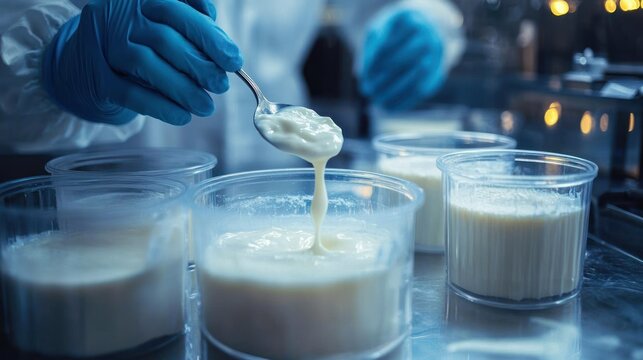 A scientist in blue gloves scoops a creamy yogurt-like dairy mixture from glass beakers in a sterile laboratory, conveying a focused, clinical mood.