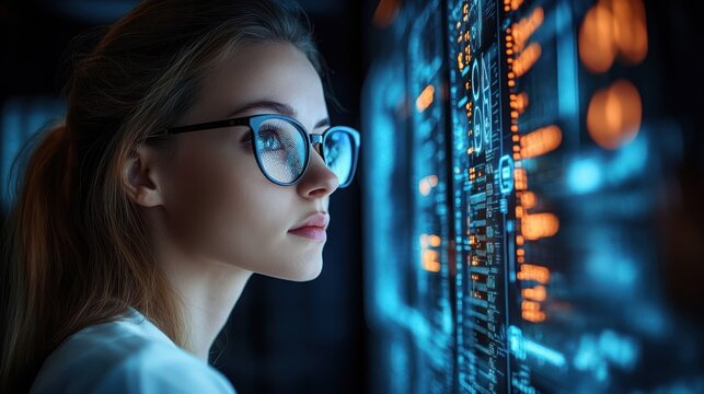 a person stands beside glowing code-filled screens in a high tech setting with cool blue and warm orange lights, conveying focus and curiosity