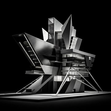 Futuristic deconstructivist architectural model with metallic facade and illuminated windows on black background