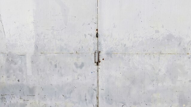 Old white industrial metal gate background. Weathered steel folding door texture with scratches, rust spots, and grunge surface.
