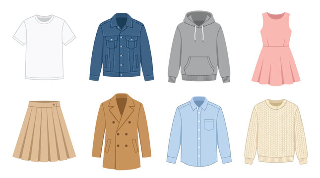 A vector illustration of various clothing items arranged neatly on a white background including shirts, jackets, and dresses.