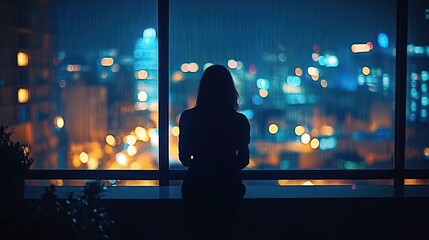 silhouette of a person gazing through a rain-streaked window at blurred city lights at night, evoking quiet solitude and contemplative melancholy