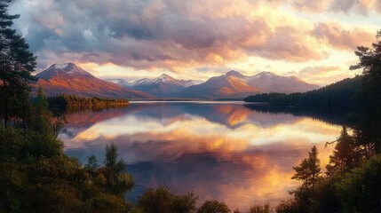Obraz premium Dusky sunset over a tranquil lake with snow-capped mountains, pine forests framing the shore, and fiery clouds reflected on glassy water