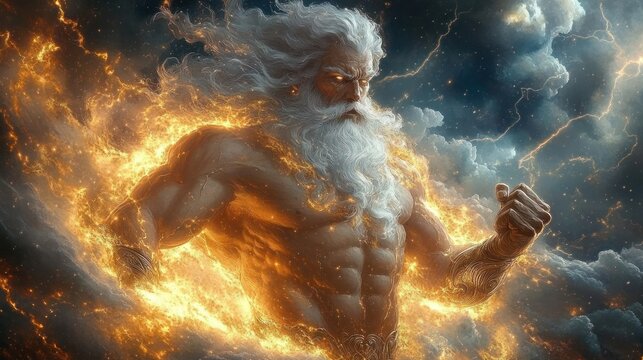 fiery godlike figure with flowing white hair and beard, muscular torso wreathed in flames, clenched fist amid storm clouds and lightning, fierce triumphant energy