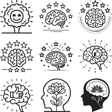 Black and white of cartoon human heads with brain and lightbulb symbols msea set cartoon head thinking
