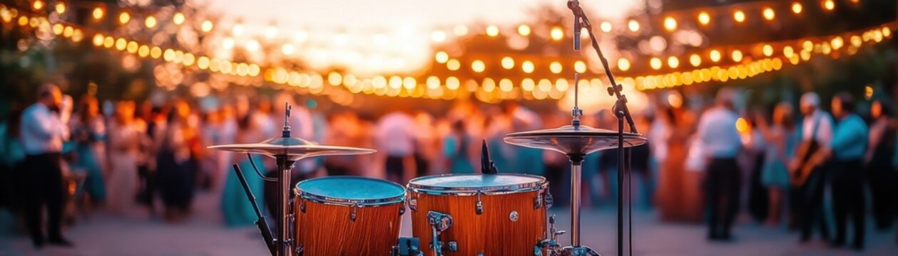 Wooden drum kit with two toms and cymbals on an outdoor stage under warm string lights, a festive crowd blurred in the background